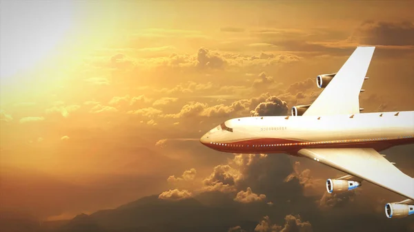 Uçak günbatımı 3d resimde gökyüzünde uçuyor — Stok fotoğraf