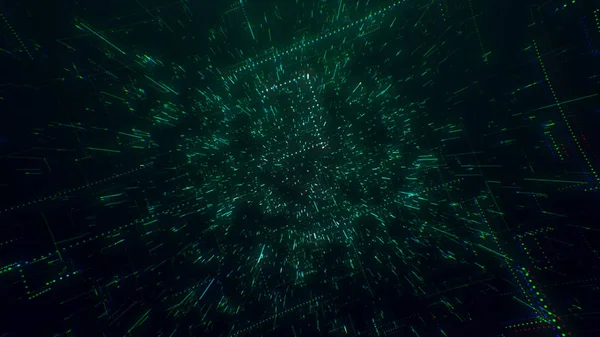 Die Oberfläche der Technologie mit chaotischen Linien und Gittern ist ein abstraktes Computerbild mit chromatischen Aberrationen. digitale Kunst: ein dunkler technischer, Sci-Fi- oder Sci-Fi- Hintergrund. 3D-Illustration — Stockfoto