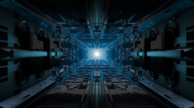 3D çizim fütüristik tasarım uzay gemisi iç sonsuz koridor