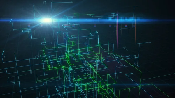 The surface of technology with lines of chaos and grid is an abstract computer image with chromatic aberrations. Digital art: a dark technical, sci-fi or sci-fi background. 3d illustration