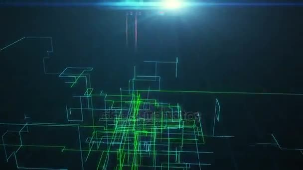 El vuelo de la cámara en una estructura tecnológica con líneas de animación 3d caos — Vídeos de Stock