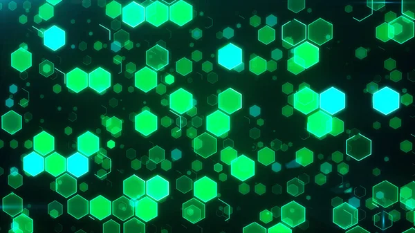 Abstrakt teknisk bakgrund med gröna självlysande hexagoner. — Stockfoto