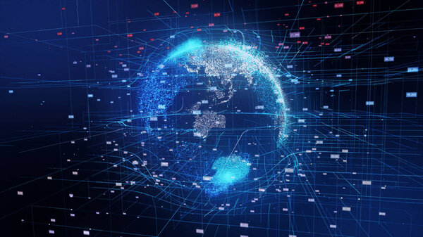 3d иллюстрация подробной виртуальной планеты Земля. Технологический цифровой глобус
