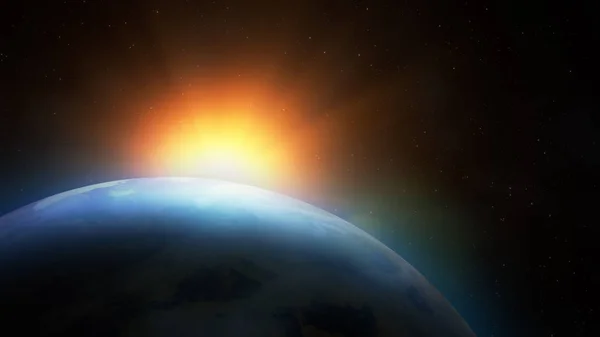 Salida del sol sobre la Tierra. Vista imaginaria del planeta tierra en el espacio exterior con el sol naciente . —  Fotos de Stock