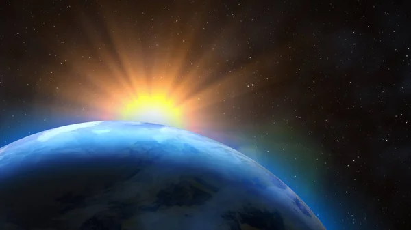 Sunrise over the Earth. Imaginary view of planet earth in outer space with the rising sun. — Stock Photo, Image