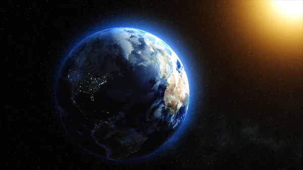 Wschód słońca nad ziemią. Wyimaginowany widok planety ziemi w przestrzeni kosmicznej z wschodzącego słońca. — Zdjęcie stockowe