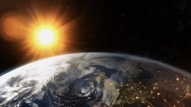 Bizim dünya evren ve parlak güneş. 3D render