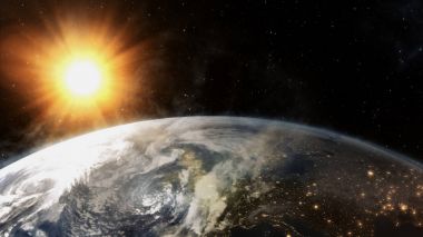 Bizim dünya evren ve parlak güneş. 3D render