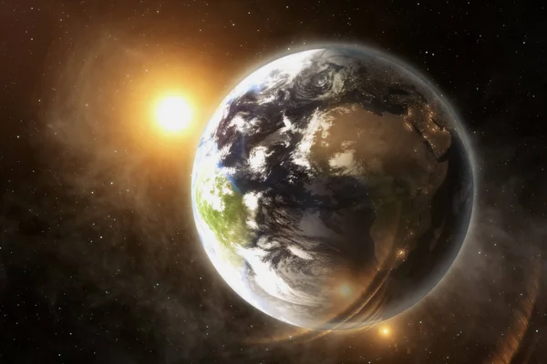 Nuestra tierra en el cosmos y el sol brillante. renderizado 3d —  Fotos de Stock