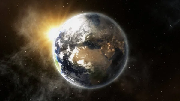 Our earth in cosmos and bright sun. 3d rendering — Stock Photo, Image
