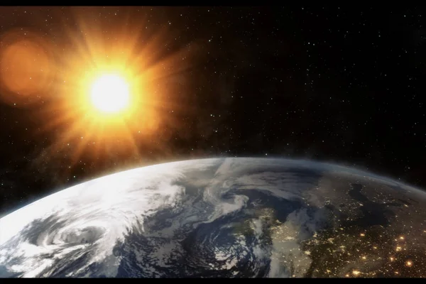 Bizim dünya evren ve parlak güneş. 3D render — Stok fotoğraf