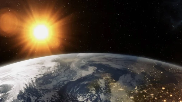 Nasza Ziemia w kosmos i jasne słońce. renderowania 3D — Zdjęcie stockowe