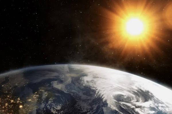 Nuestra tierra en el cosmos y el sol brillante. renderizado 3d — Foto de Stock
