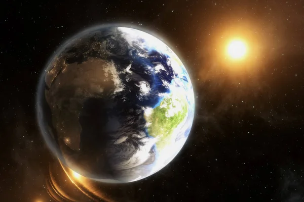 Vår jord i kosmos och ljusa solen. 3D-rendering — Stockfoto