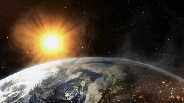 Nasza Ziemia w kosmos i jasne słońce. renderowania 3D — Zdjęcie stockowe