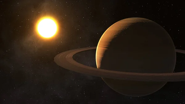 El sol brilla sobre Saturno en el espacio ilustración 3d de alta calidad . — Foto de Stock