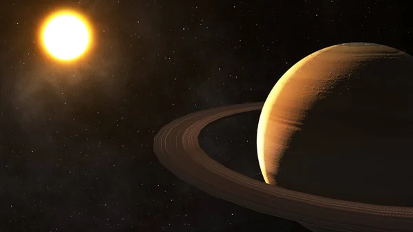 Die Sonne scheint auf saturn im Weltraum hochwertige 3D-Illustration. — Stockfoto