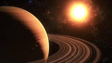 Güneşin yüzünde Saturn'alanı yüksek kaliteli 3d resimde parlar..