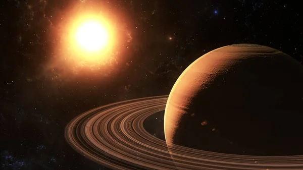 El sol brilla sobre Saturno en el espacio ilustración 3d de alta calidad . —  Fotos de Stock