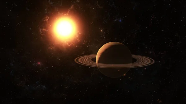 Soarele strălucește pe Saturn în spațiu ilustrație 3D de înaltă calitate . — Fotografie, imagine de stoc