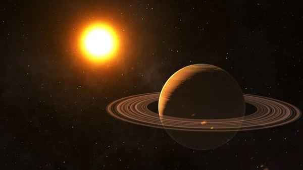 Die Sonne scheint auf saturn im Weltraum hochwertige 3D-Illustration. — Stockfoto