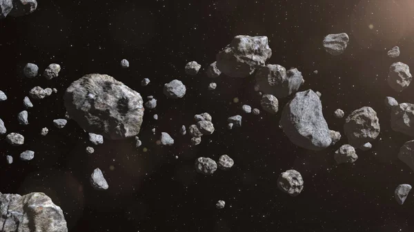 Primer plano de los terrones de meteoritos en el espacio. Fondo oscuro. Conveniente para cualquier fantasía, astronomía o propósitos realted del espacio. ilustración 3d —  Fotos de Stock