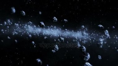 Açık alanda asteroit kuşağı aracılığıyla güzel uçuş. Asteroitler çarpışmalar 3d animasyon. HD 1080.