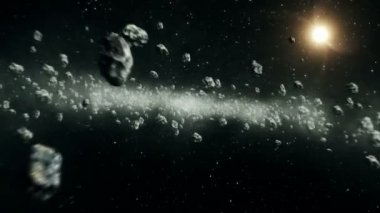 Açık alanda asteroit kuşağı aracılığıyla güzel uçuş. Asteroitler çarpışmalar 3d animasyon. HD 1080.