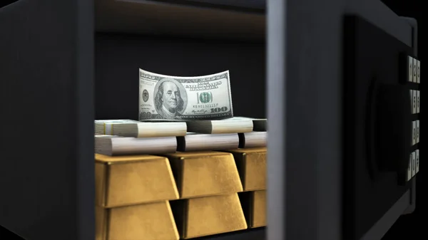 3D illustration av en öppen kassaskåp med pengar och guld — Stockfoto
