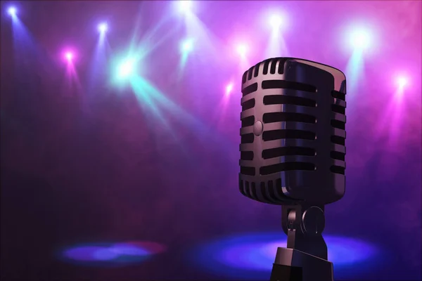 Retro styl mikrofon na jevišti v reflektor vystoupení hudební skupiny. Mikrofon pro rock, rock'n'roll a rockabilly hudba. Mikrofon v modré světlo og fázi. Hudba je ve vzduchu — Stock fotografie
