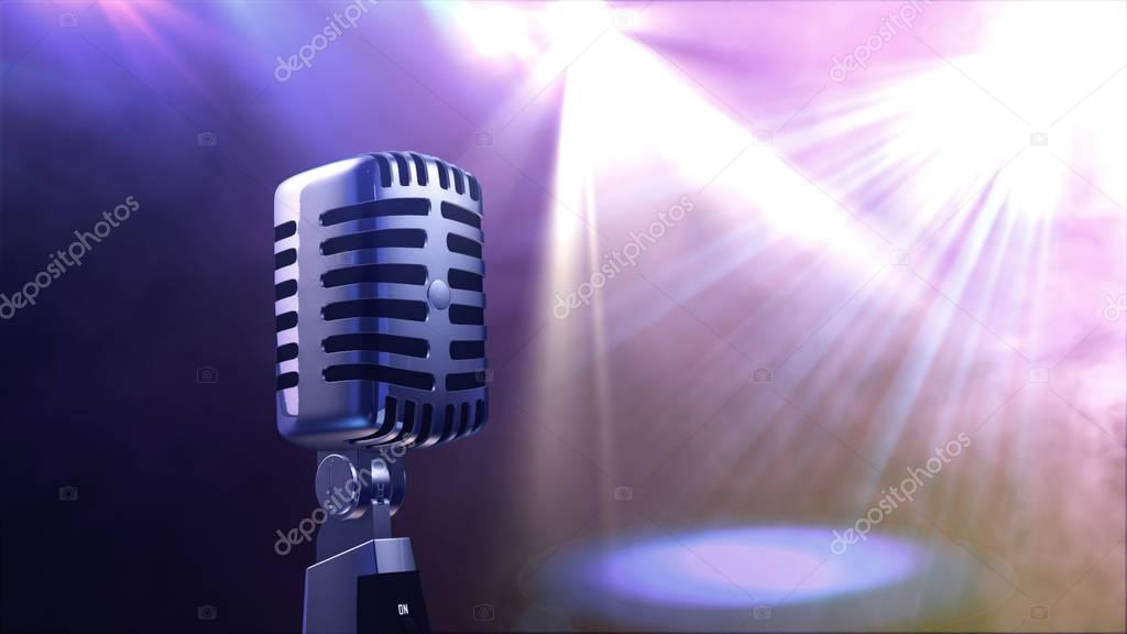 Old retro microphone with stage lighting background