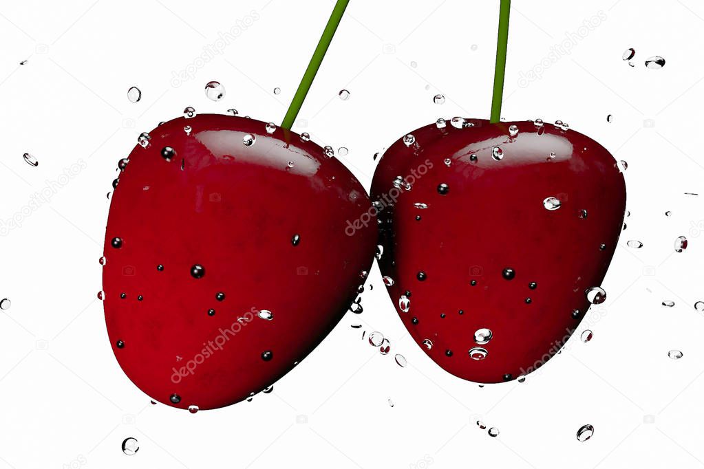 Cherries with water splashes, isolated on white background 3d illustration