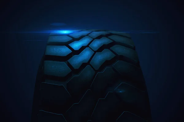Close up car tire in slow motion with lens flare 3d illustration — Stock Photo, Image