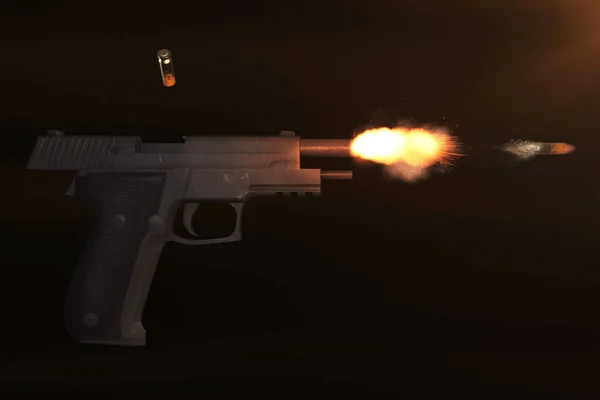 Ilustração 3D realista de um tiro de pistola e um voo de bala — Fotografia de Stock