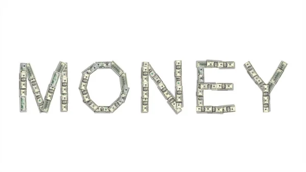 The word money is lined out of dollar bills on isolated white background illustration — Stock Photo, Image