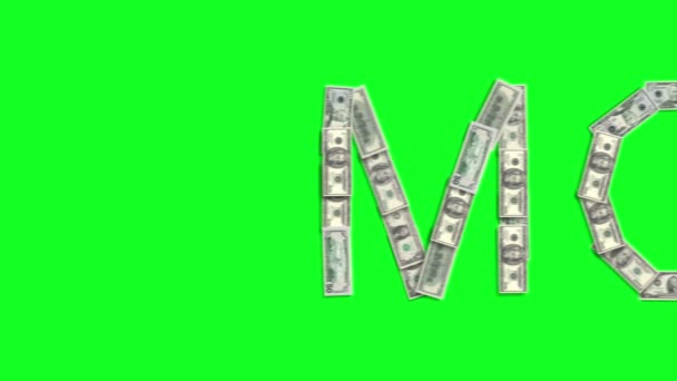 The word money is laid out on a green background, a running line — Stock Video