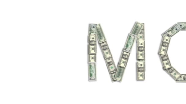 La palabra dinero se alinea en un fondo blanco, la línea de ejecución — Vídeo de stock