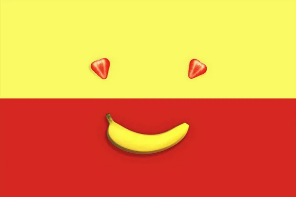 Bir muz ve çilek karşı bir sarımsı kırmızı arka plan 3d resimde gülümseyen — Stok fotoğraf