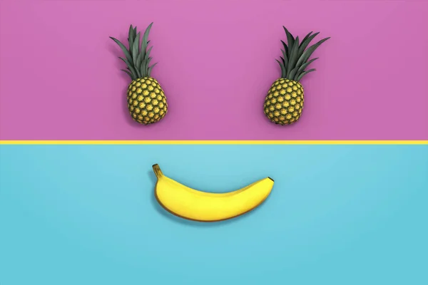 Smiling banana and pineapple on a pink-blue background 3d illustration