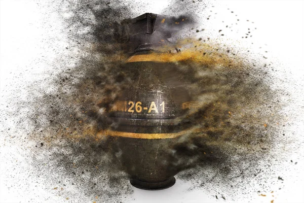 Granate zum Zeitpunkt der Explosion auf weißem, isoliertem Hintergrund 3D-Illustration — Stockfoto