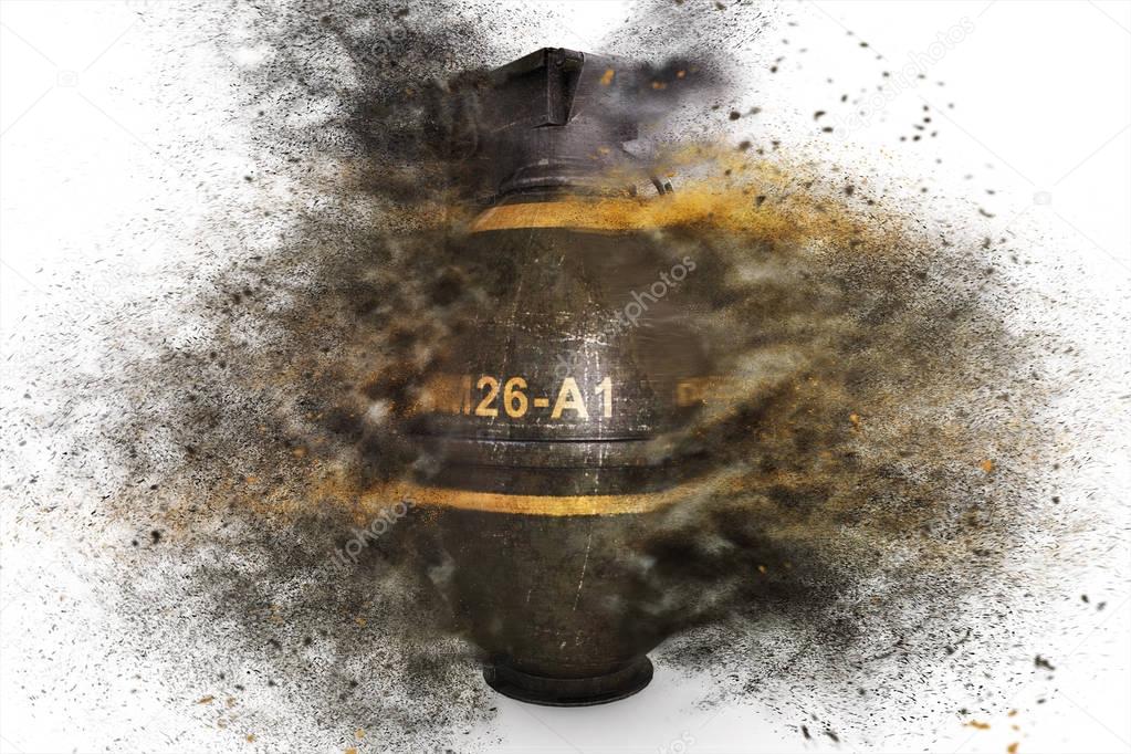 Grenade at the time of explosion on a white isolated background 3d illustration