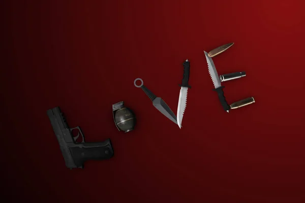 3D απεικόνιση του τη λέξη αγάπη επενδεδυμένα με ένα πυροβόλο όπλο σε κόκκινο φόντο — Φωτογραφία Αρχείου