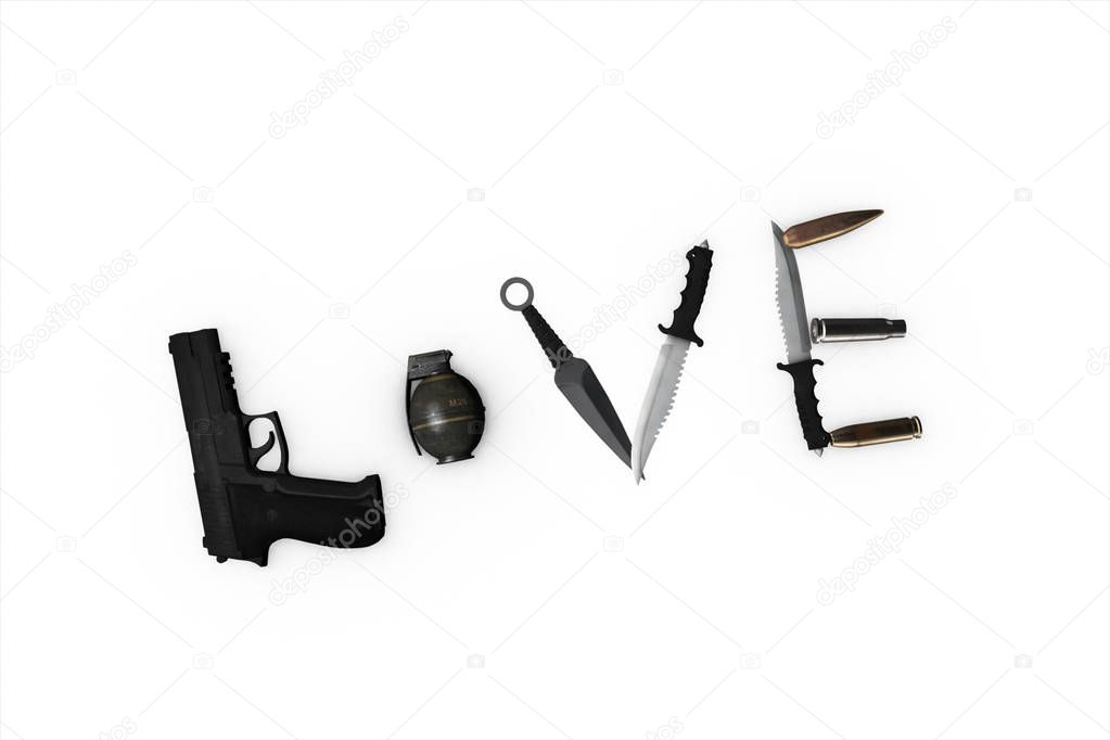 3d illustration of a word love lined with a gun on an isolated background