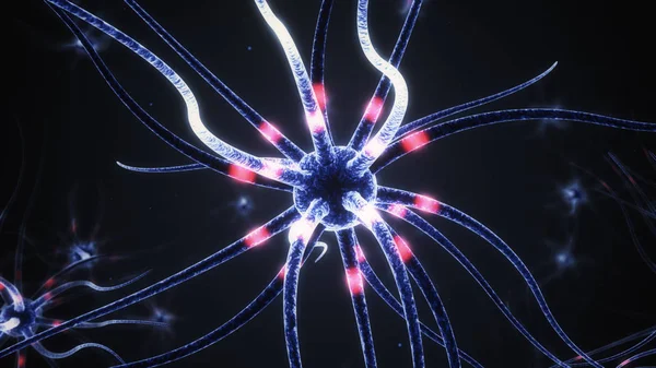Aktiva nervceller och elektrisk impuls överföring 3d illustration — Stockfoto