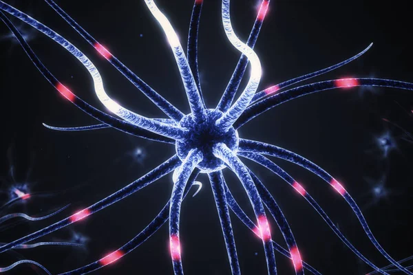 Nervceller i hjärnan elektrisk impuls överföring 3d illustration — Stockfoto