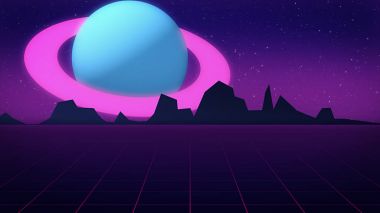Gezegen Jüpiter stil 1980'lerde 3D ile Retro futuristik arka plan illüstrasyon.