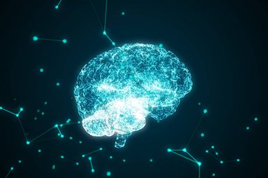 İnsan beyni moleküller tarafından oluşturulmaktadır. Pleksus yapısı etrafında gelişen. Mavi fütüristik bilim ve teknoloji arka plan. 3D render. Alan ayarları derinliği.
