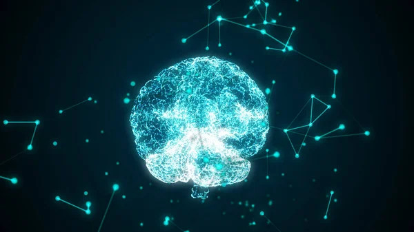 Lidský mozek osvětlené shora. Plexus struktura. Modré abstraktní futuristické vědy, lékařství a technologie motion pozadí. 3D vykreslování. Hloubka pole nastavení. — Stock fotografie