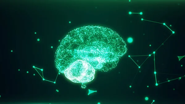 3D rendering illustratie. Red de mens brain op donkere achtergrond. De hersenen als een hologram. Het raster kader rond de hersenen. — Stockfoto