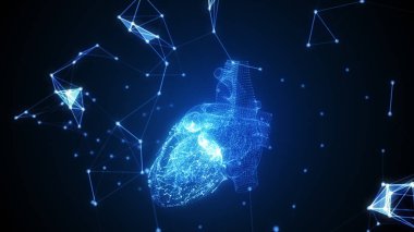 İnsan kalbinin parçacıklar döndürerek oluşur. Çevresinde pleksus yapısını geliştirir. Mavi soyut fütüristik bilim ve teknoloji arka plan hareket. 3D çizim